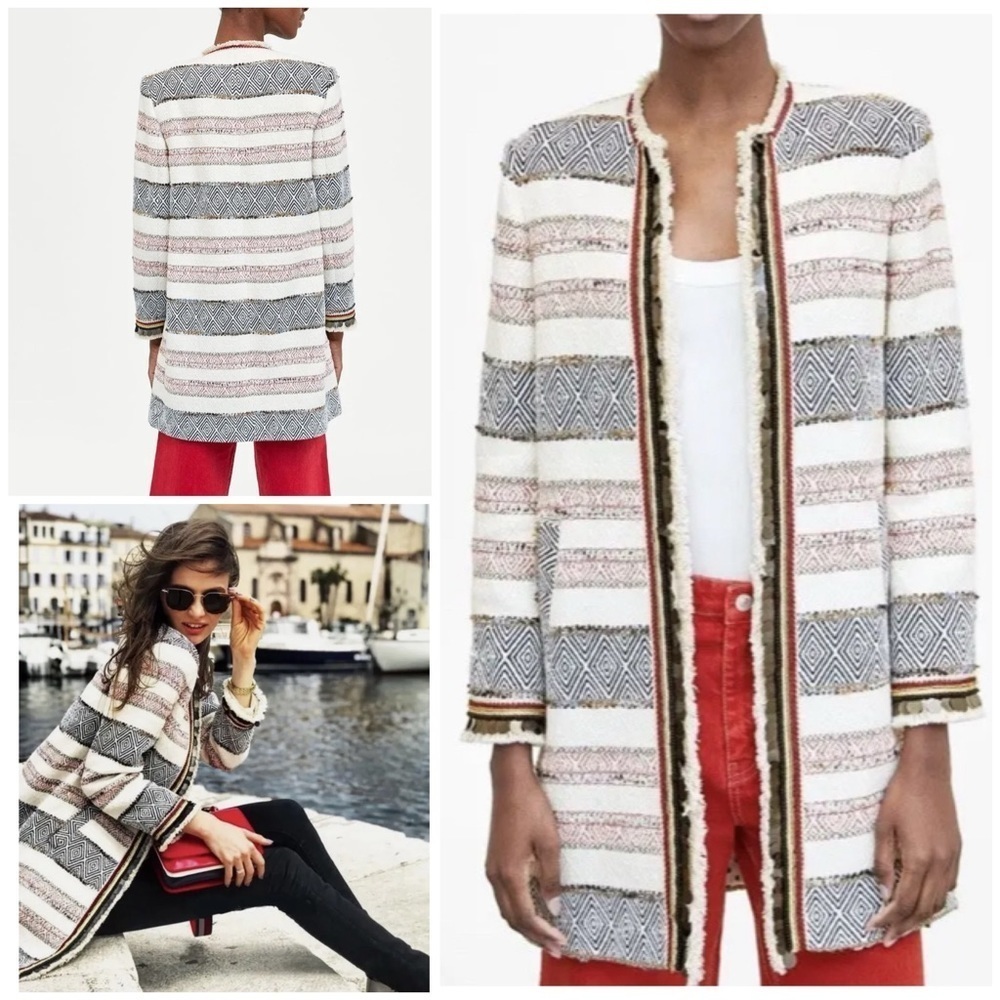 Zara Woman Tweed Embroidered Longline Beaded Geo Boho Influencers Fav Jacket XS 